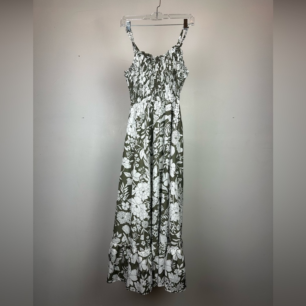JJs House Olive & White Floral Smocked Maxi Dress
